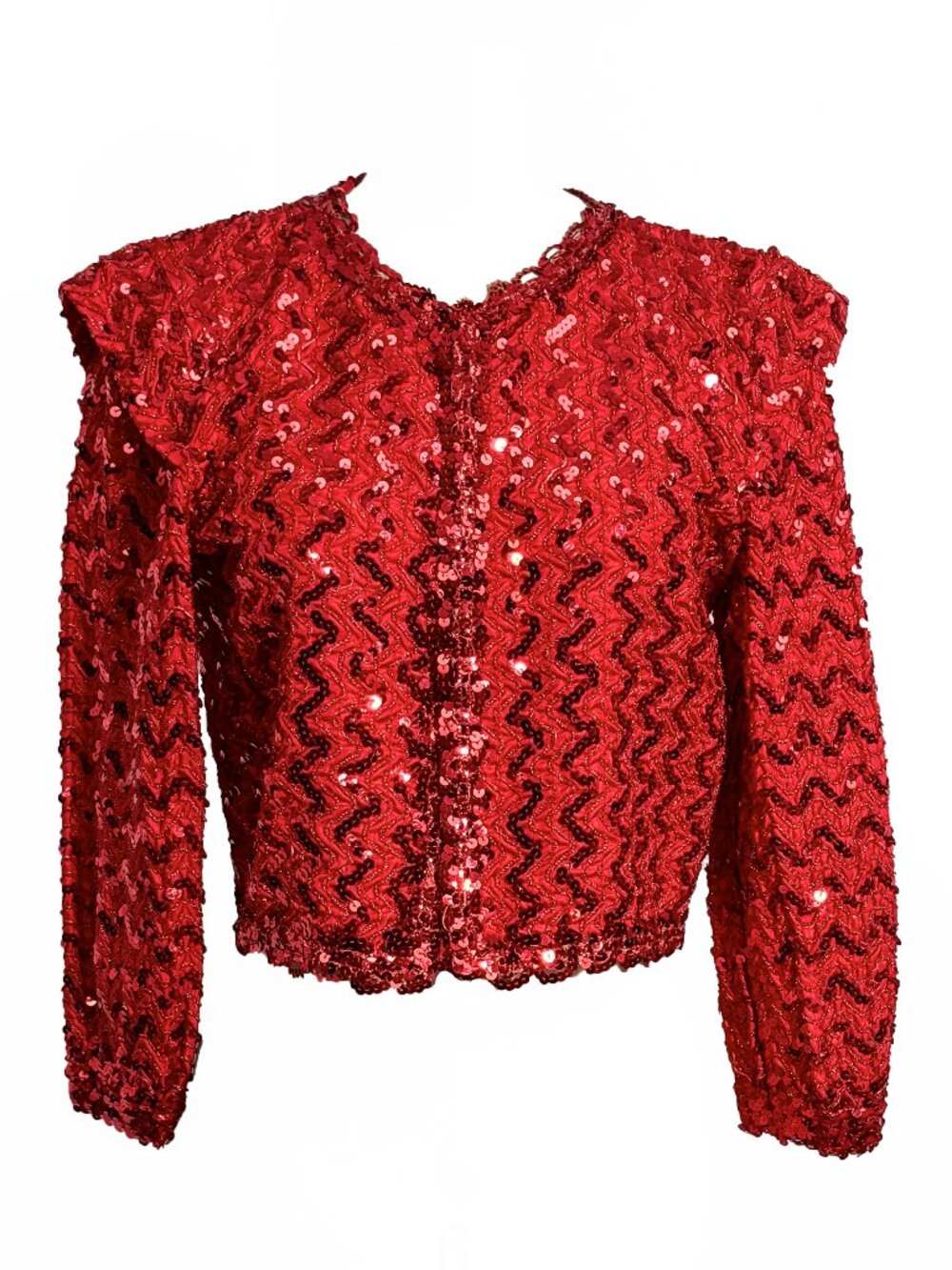 Vintage 80s 90s Red Sequin Bolero Cropped Open Front Evening Jacket - S/M